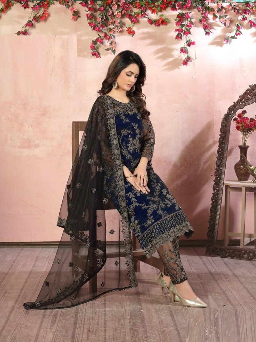 Striking Navy Blue Net Straight Salwar Kameez – 59048-83