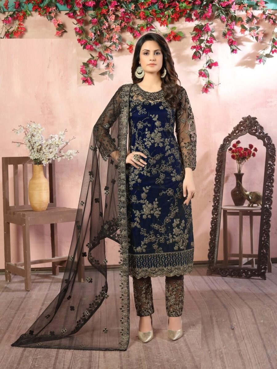 Striking Navy Blue Net Straight Salwar Kameez – 59048-83