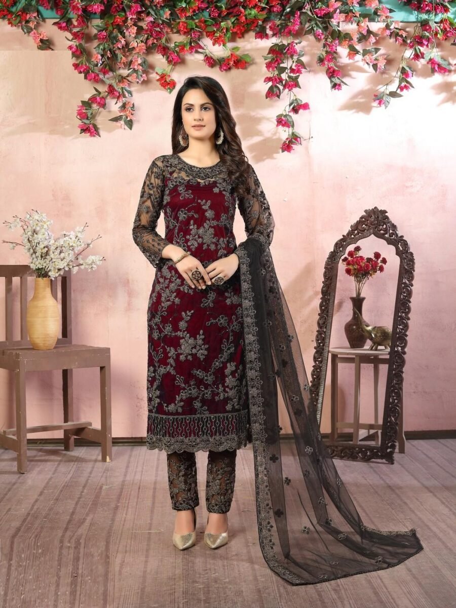 Dazzling Maroon Net Straight Salwar Kameez – 59048-84
