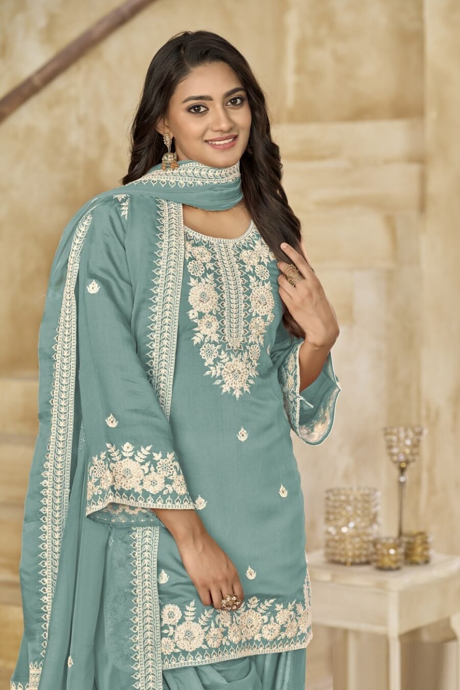 Classy Teal Blue Chanderi Traditional Salwar Kameez – 59073-224-C Classy Teal Blue Chanderi Traditional Salwar Kameez – 59073-224-C