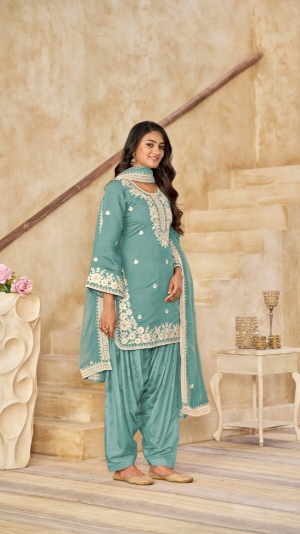 Classy Teal Blue Chanderi Traditional Salwar Kameez – 59073-224-C