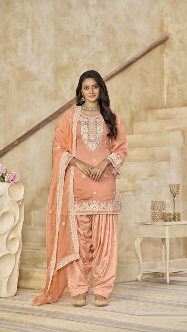 Charming Peach Chanderi Traditional Salwar Kameez – 59073-224-D