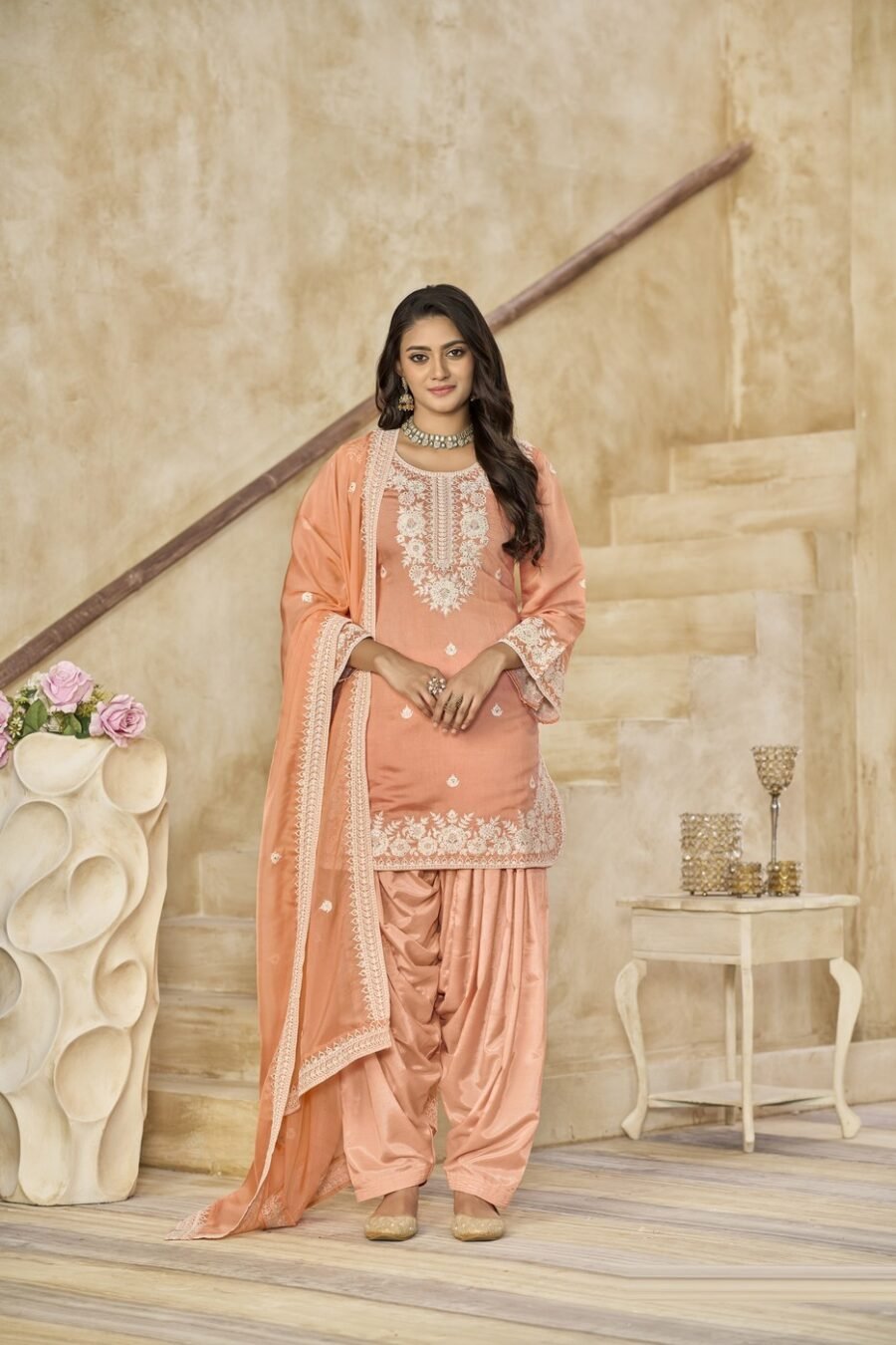 Charming Peach Chanderi Traditional Salwar Kameez – 59073-224-D