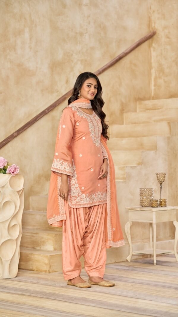 Charming Peach Chanderi Traditional Salwar Kameez – 59073-224-D
