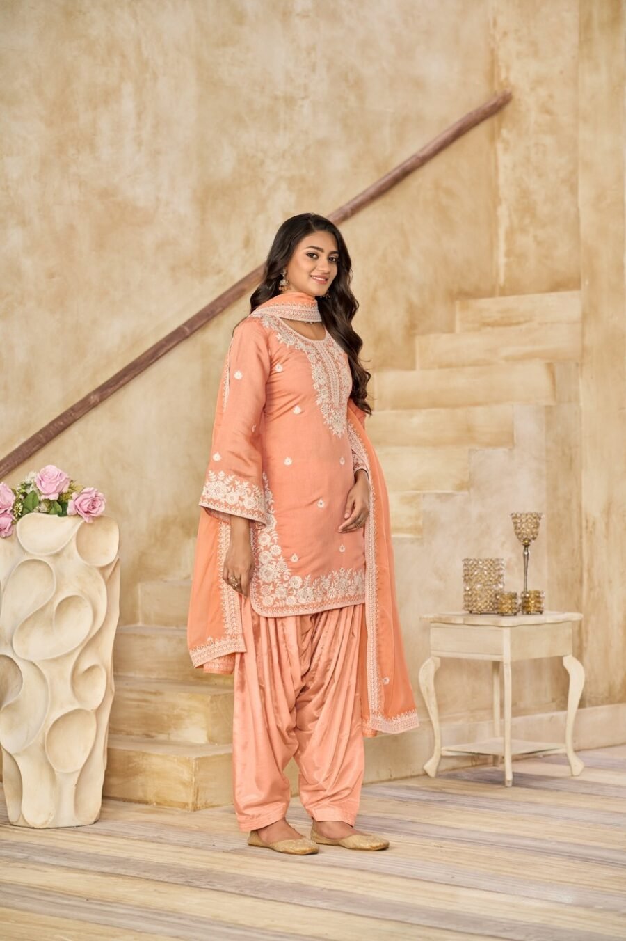 Charming Peach Chanderi Traditional Salwar Kameez – 59073-224-D