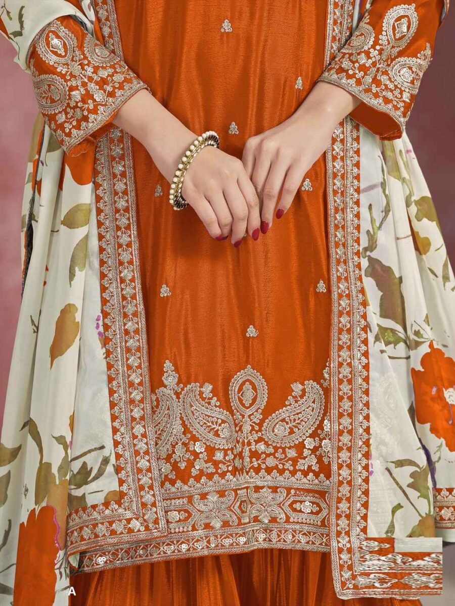 Enchanting Orange Chinon Gharara Salwar Kameez – 59596-228-A