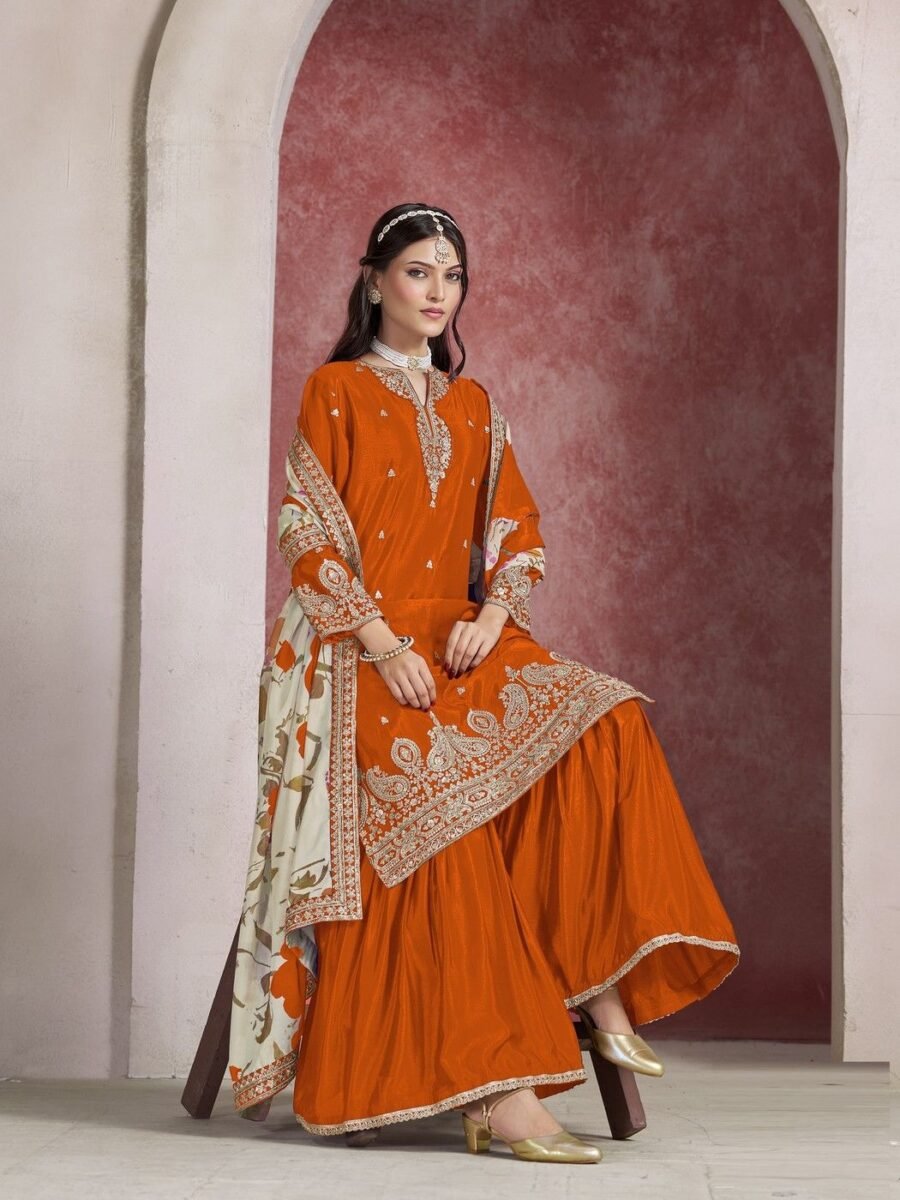 Enchanting Orange Chinon Gharara Salwar Kameez – 59596-228-A