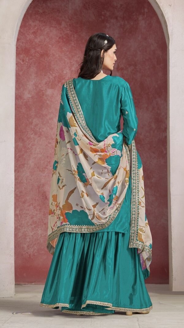 Fierce Teal Blue Chinon Gharara Salwar Kameez – 59596-228-C