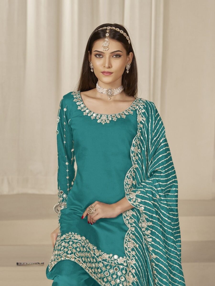 Vibrant Teal Blue Chanderi Silk Patiala Salwar Kameez – 59760-229-C