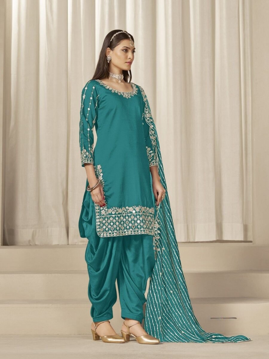 Vibrant Teal Blue Chanderi Silk Patiala Salwar Kameez – 59760-229-C