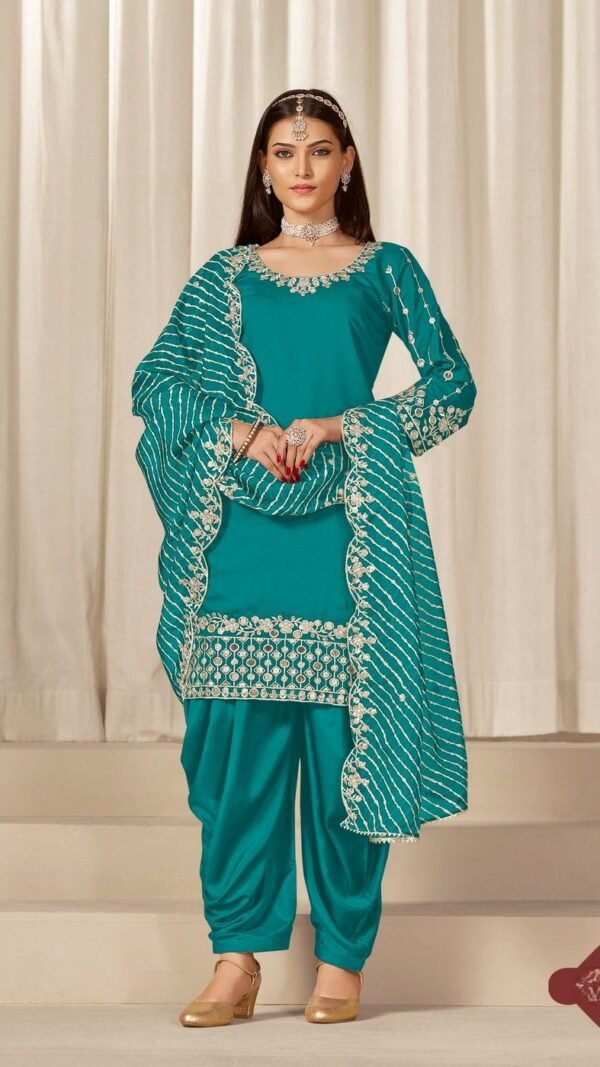 Vibrant Teal Blue Chanderi Silk Patiala Salwar Kameez – 59760-229-C
