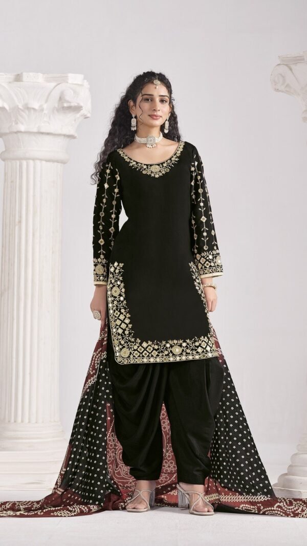 Dazzling Black Roman Silk Patiala Salwar Kameez – 60251-231-A