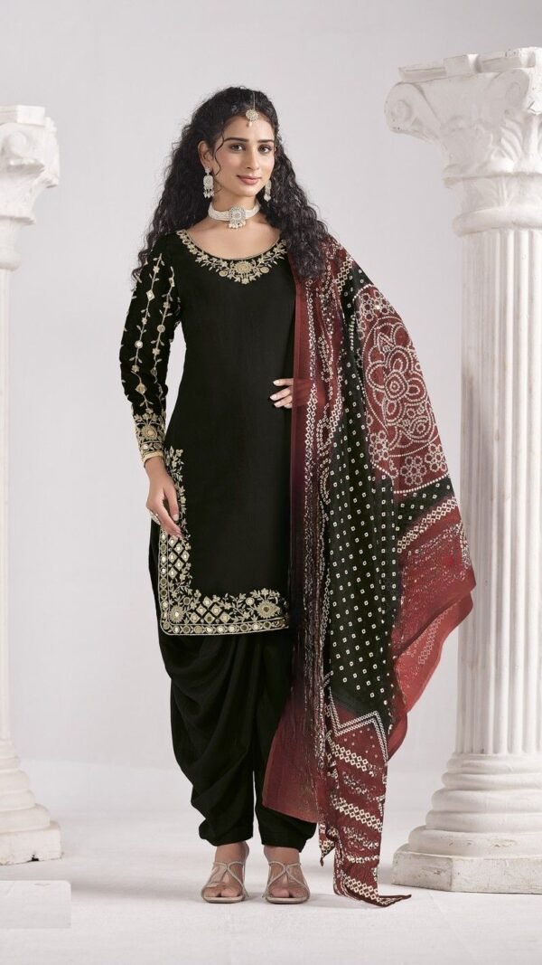 Dazzling Black Roman Silk Patiala Salwar Kameez – 60251-231-A