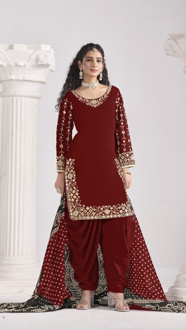 Luxe Maroon Roman Silk Patiala Salwar Kameez – 60251-231-D