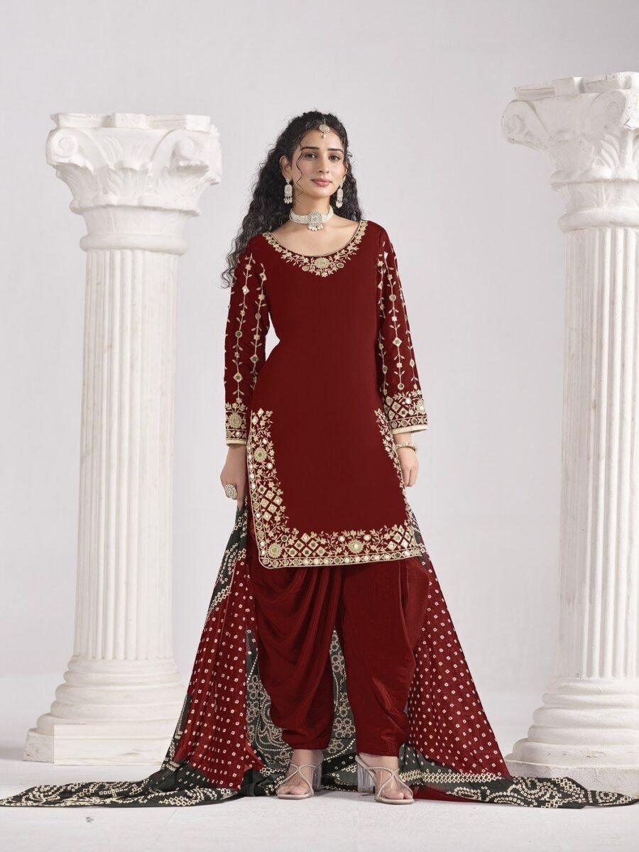 Luxe Maroon Roman Silk Patiala Salwar Kameez – 60251-231-D