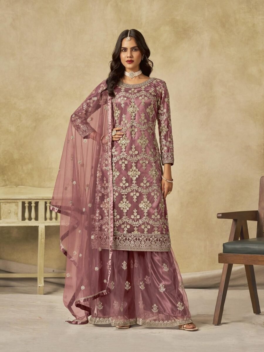 Dynamic Mauve Net Palazzo Salwar Kameez – 61087-235-A