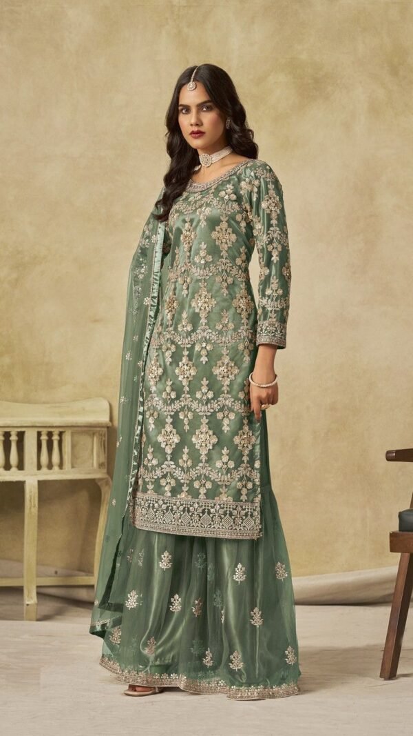 Sophisticated Green Net Palazzo Salwar Kameez – 61087-235-B