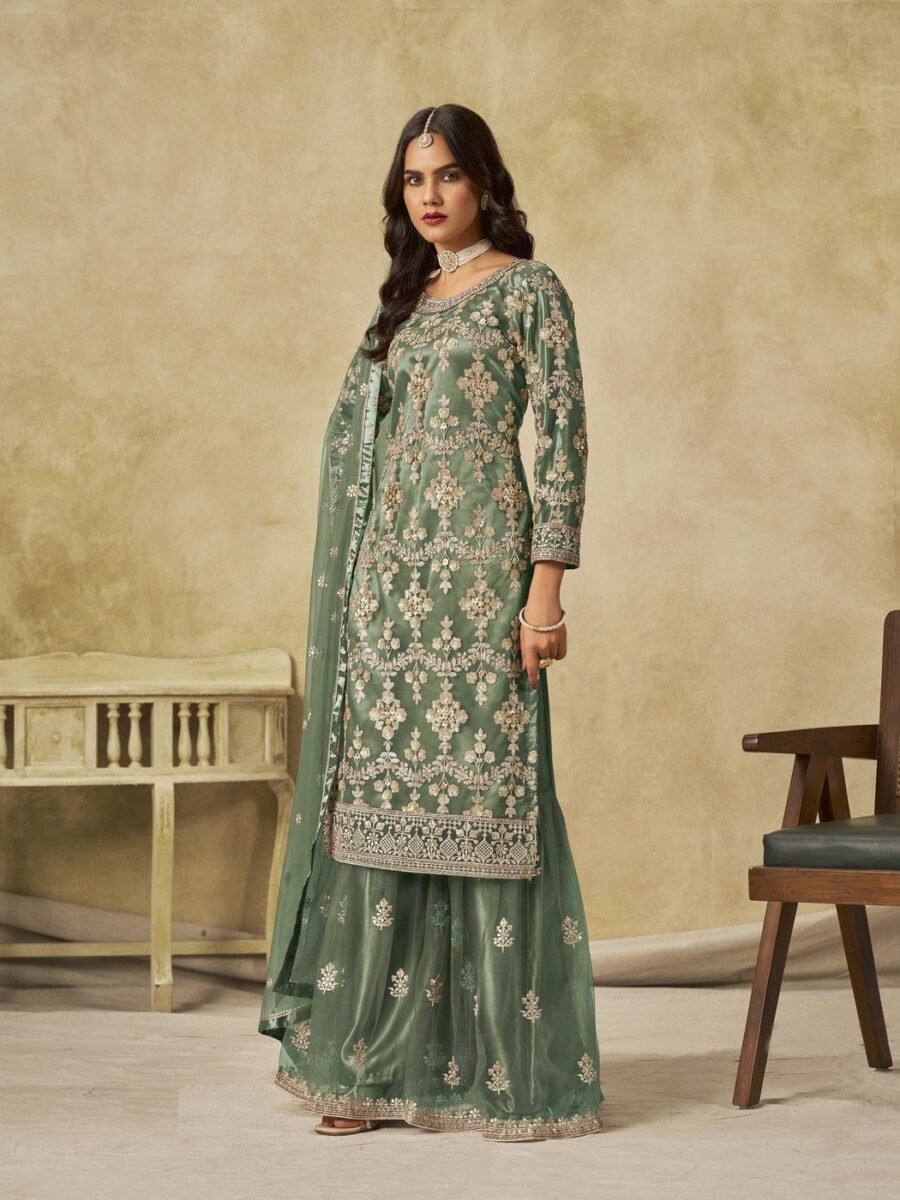 Sophisticated Green Net Palazzo Salwar Kameez – 61087-235-B