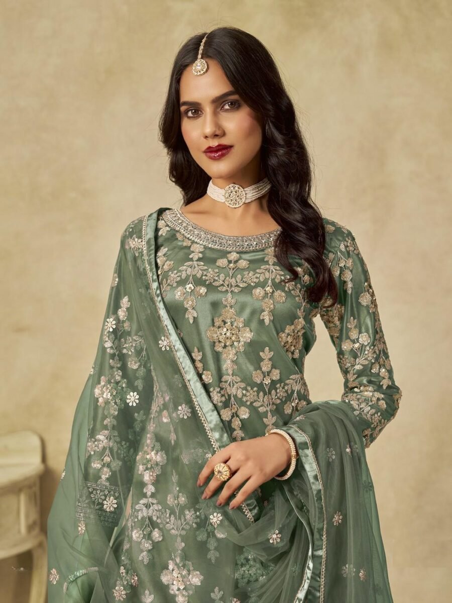 Sophisticated Green Net Palazzo Salwar Kameez – 61087-235-B
