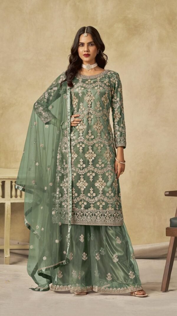 Sophisticated Green Net Palazzo Salwar Kameez – 61087-235-B