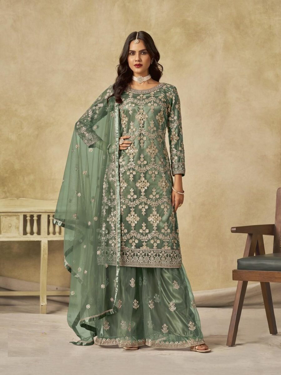 Sophisticated Green Net Palazzo Salwar Kameez – 61087-235-B