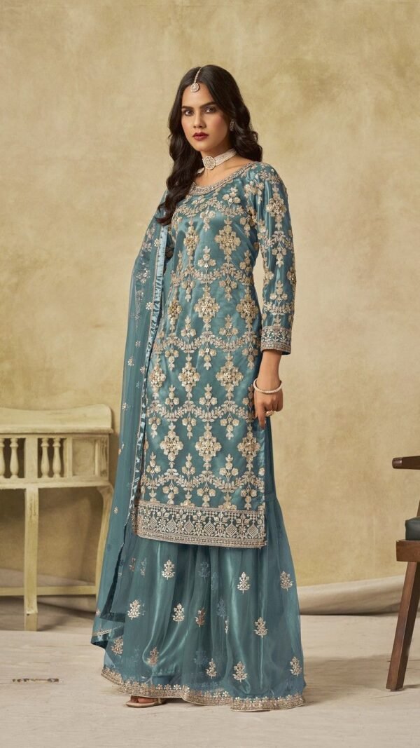 Delightful Blue Net Palazzo Salwar Kameez – 61087-235-D