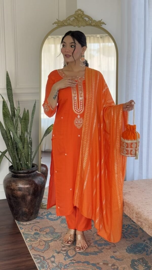 Exquisite Orange Chanderi Straight Salwar Kameez – 61369-2796