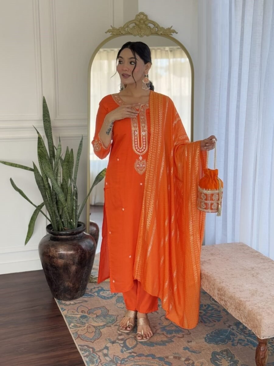 Exquisite Orange Chanderi Straight Salwar Kameez – 61369-2796