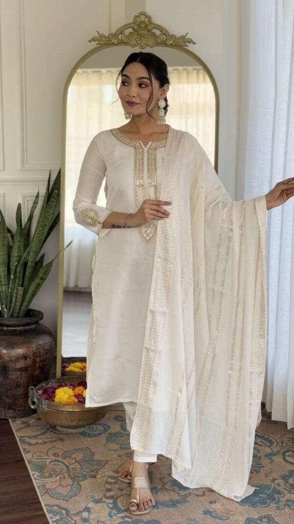 Bold White Chanderi Straight Salwar Kameez – 61369-2799