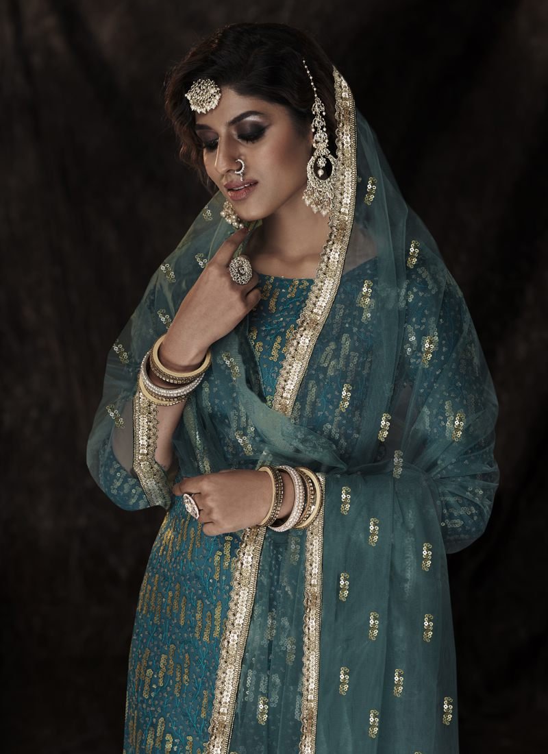 Modern Turquoise Blue Soft Net Palazzo Salwar Kameez – AD-NS4-14001