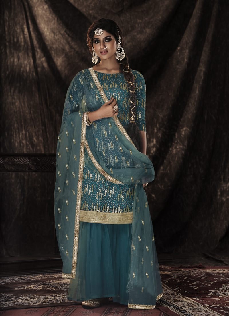 Modern Turquoise Blue Soft Net Palazzo Salwar Kameez – AD-NS4-14001