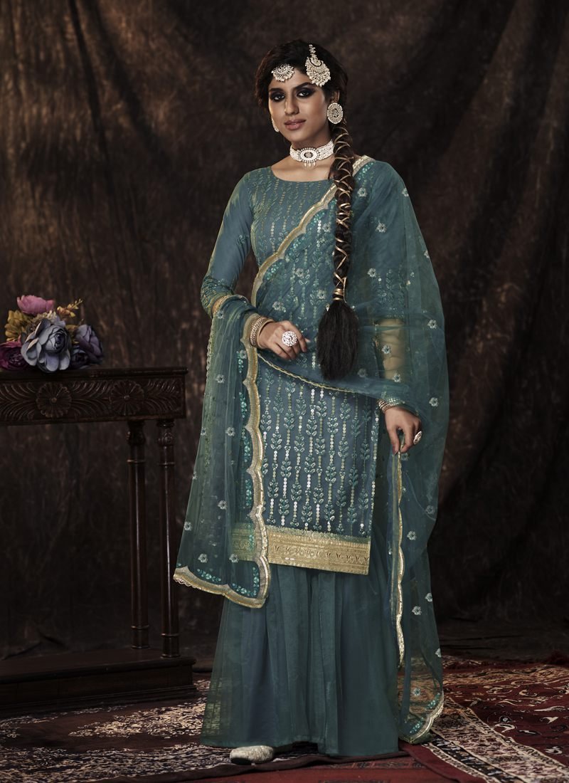 Enchanting Turquoise Blue Soft Net Palazzo Salwar Kameez – AD-NS4-14005