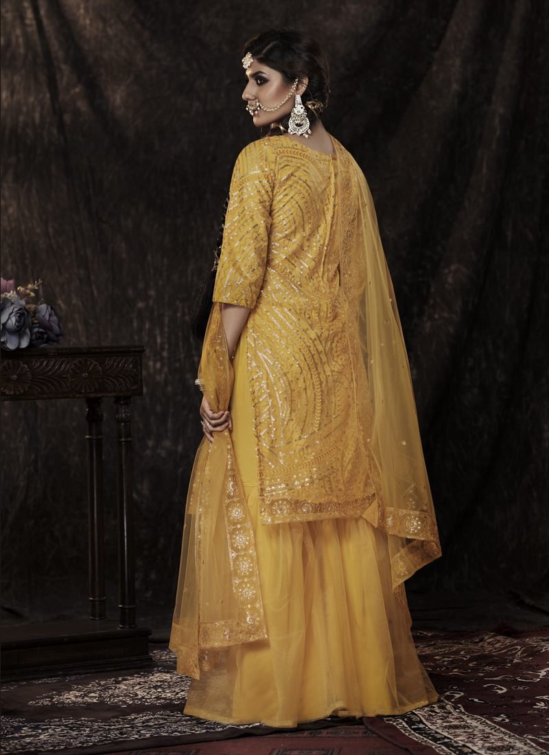 Gleaming Mustard Soft Net Palazzo Salwar Kameez – AD-NS4-14007