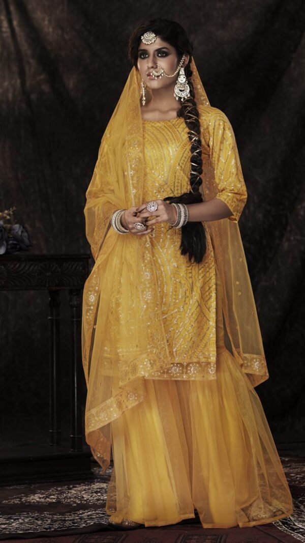 Gleaming Mustard Soft Net Palazzo Salwar Kameez – AD-NS4-14007