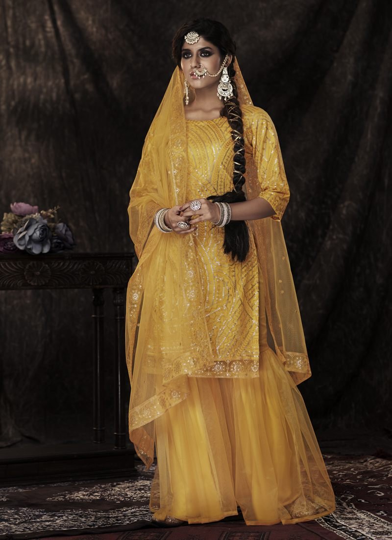 Gleaming Mustard Soft Net Palazzo Salwar Kameez – AD-NS4-14007