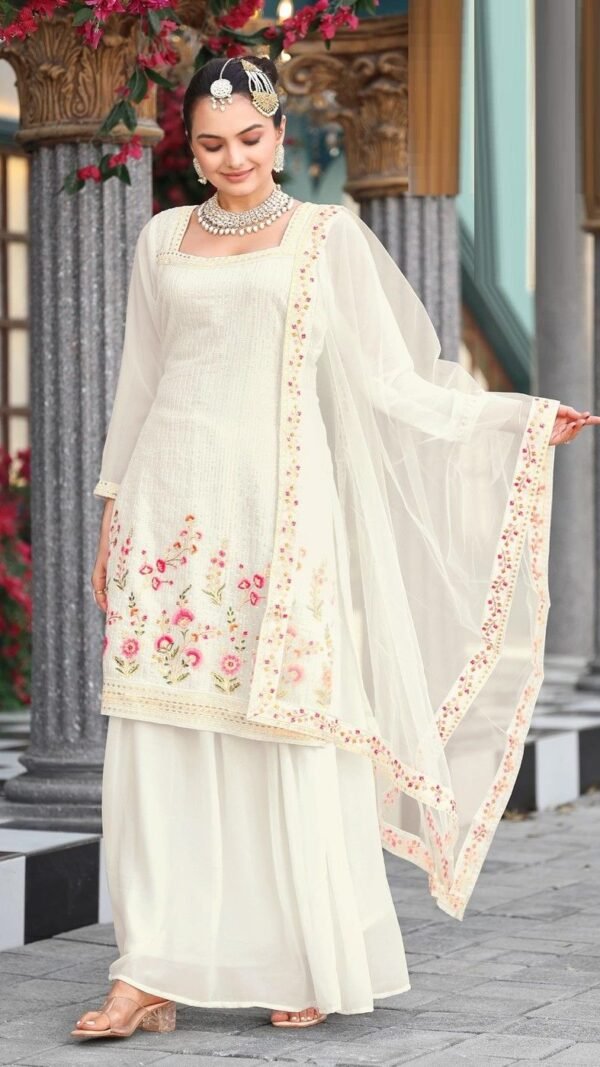 Gleaming Off White Georgette Palazzo Salwar Kameez – 62442-718