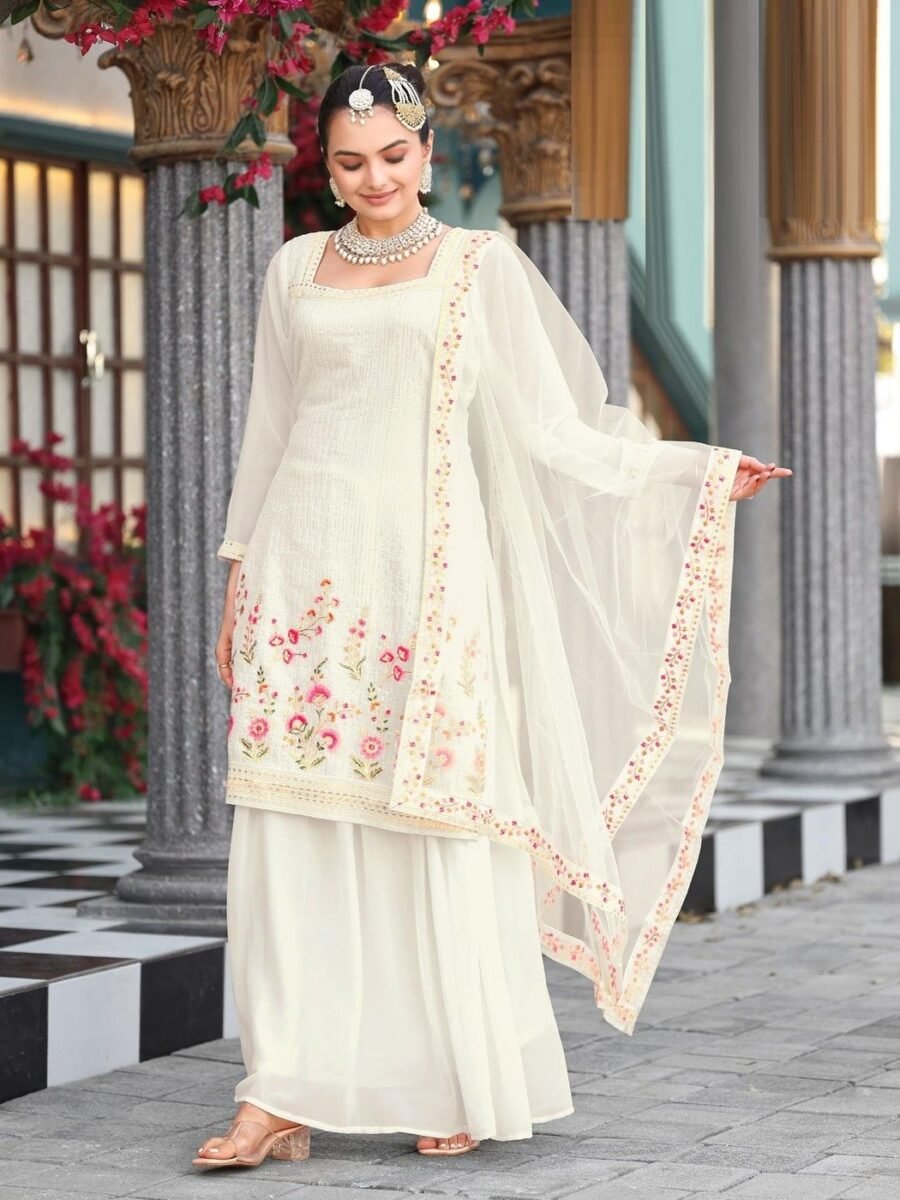 Gleaming Off White Georgette Palazzo Salwar Kameez – 62442-718