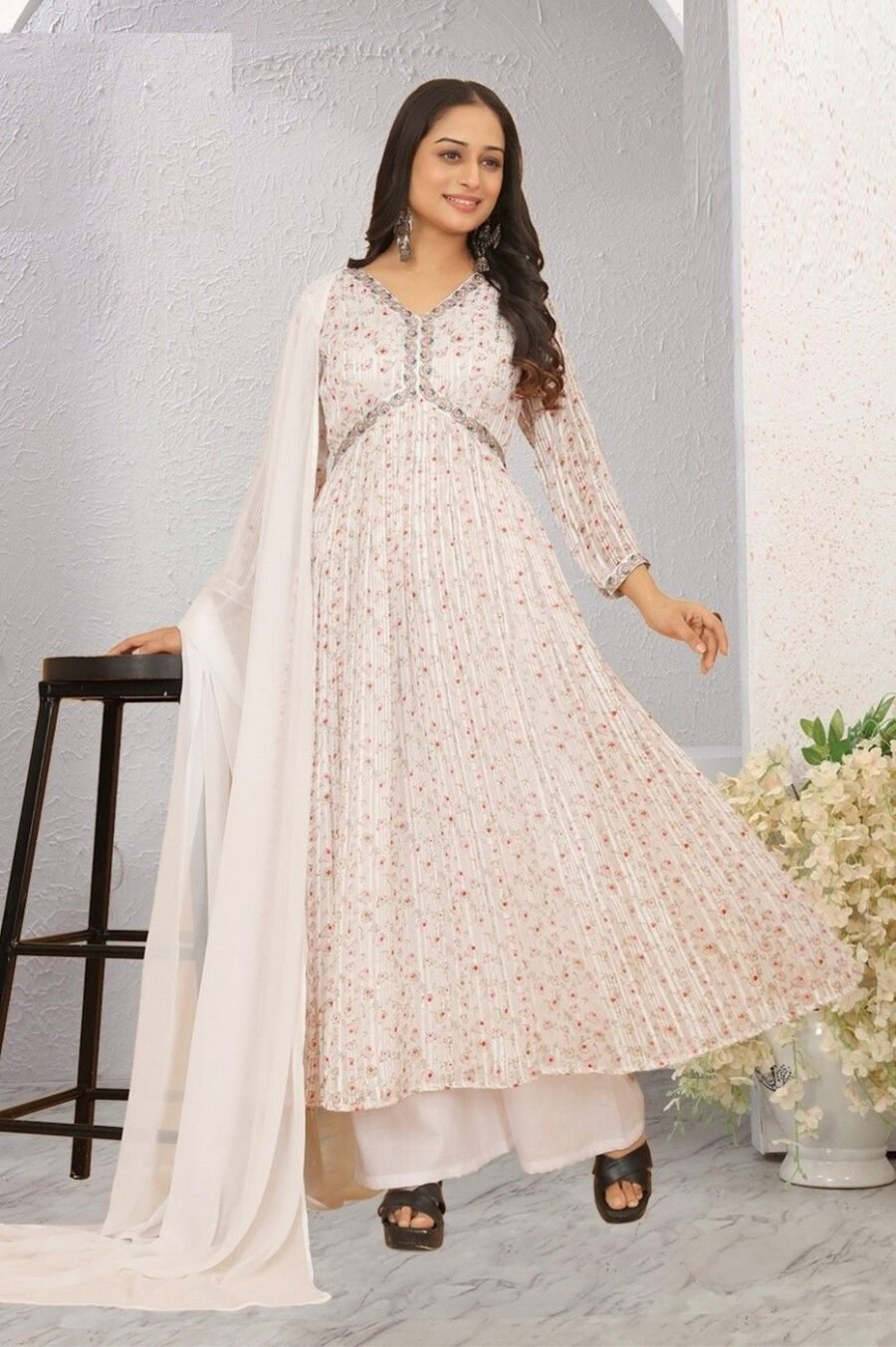 Lively White Georgette Anarkali Salwar Kameez – 62510-58