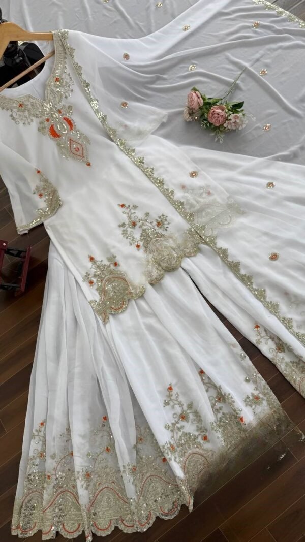 Ravishing White Georgette Sharara Salwar Kameez – 62516-1542-A