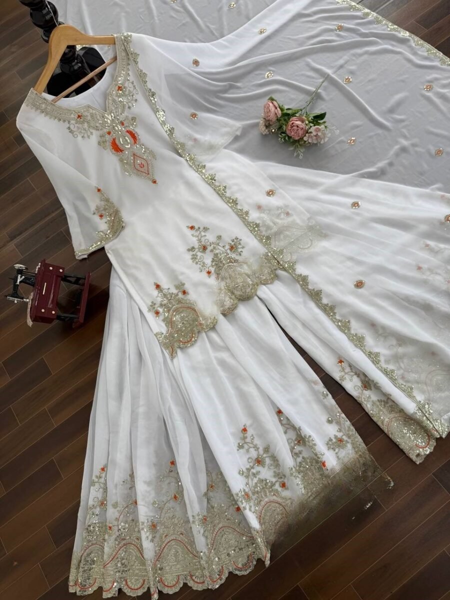 Ravishing White Georgette Sharara Salwar Kameez – 62516-1542-A