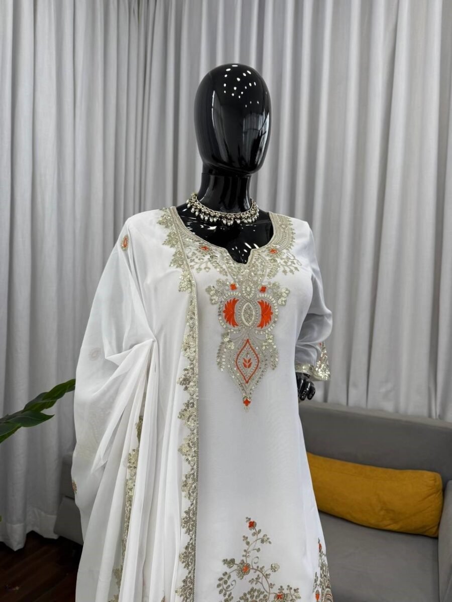 Ravishing White Georgette Sharara Salwar Kameez – 62516-1542-A