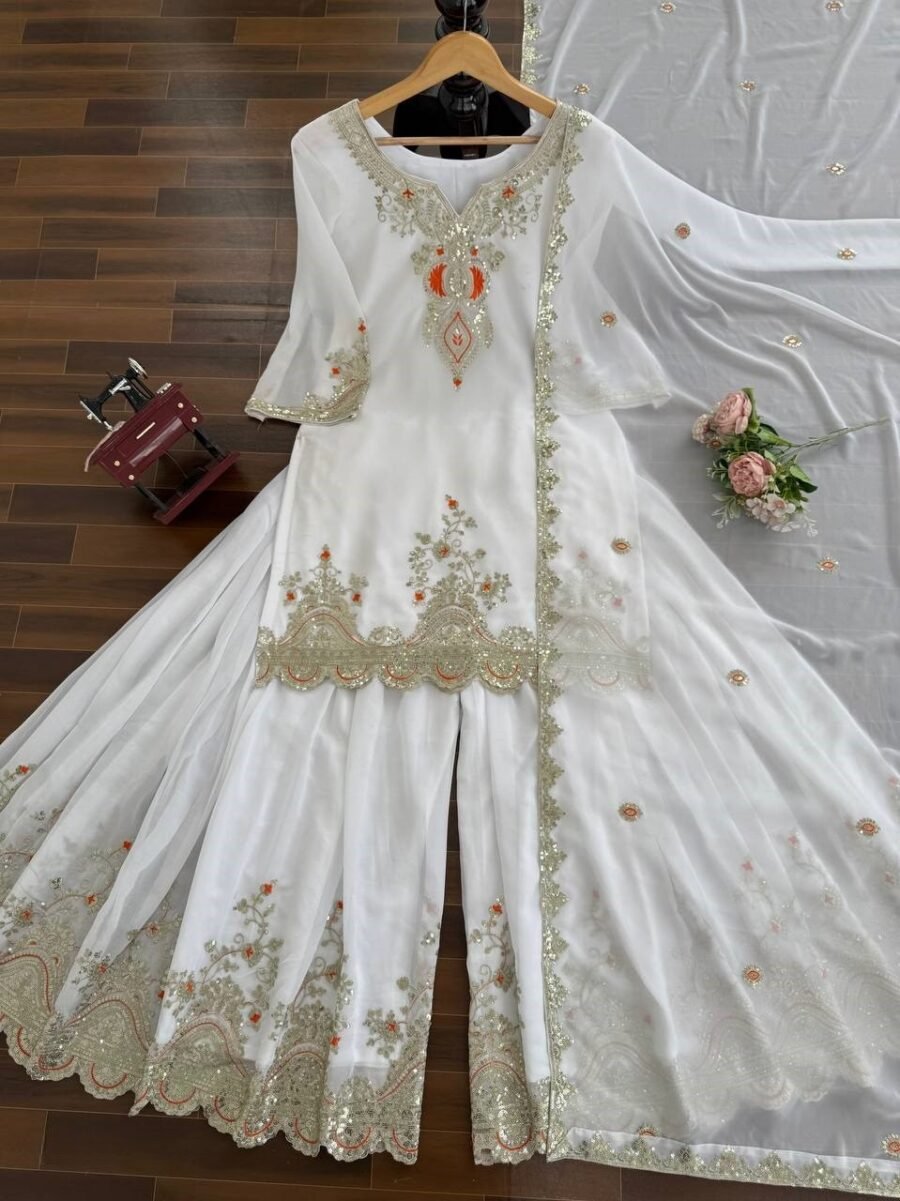 Ravishing White Georgette Sharara Salwar Kameez – 62516-1542-A