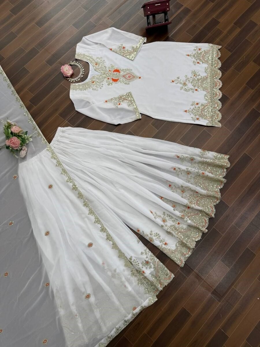 Ravishing White Georgette Sharara Salwar Kameez – 62516-1542-A