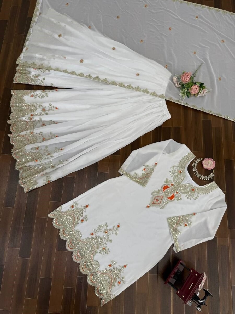Ravishing White Georgette Sharara Salwar Kameez – 62516-1542-A