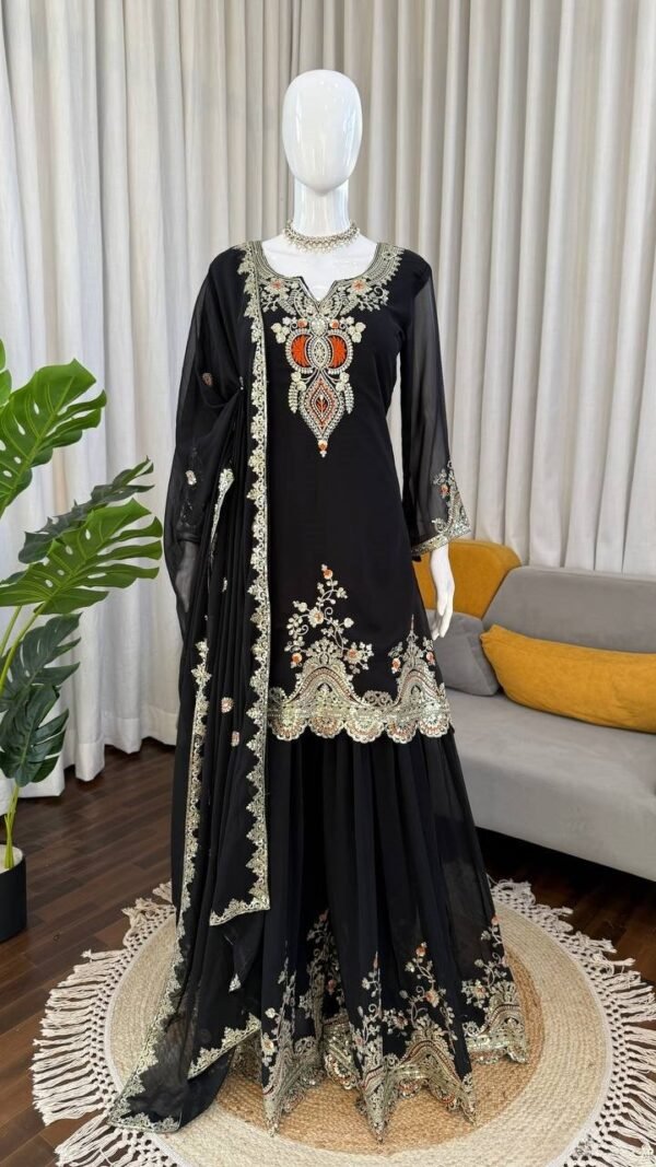 Elegant Black Georgette Sharara Salwar Kameez – 62516-1542-B