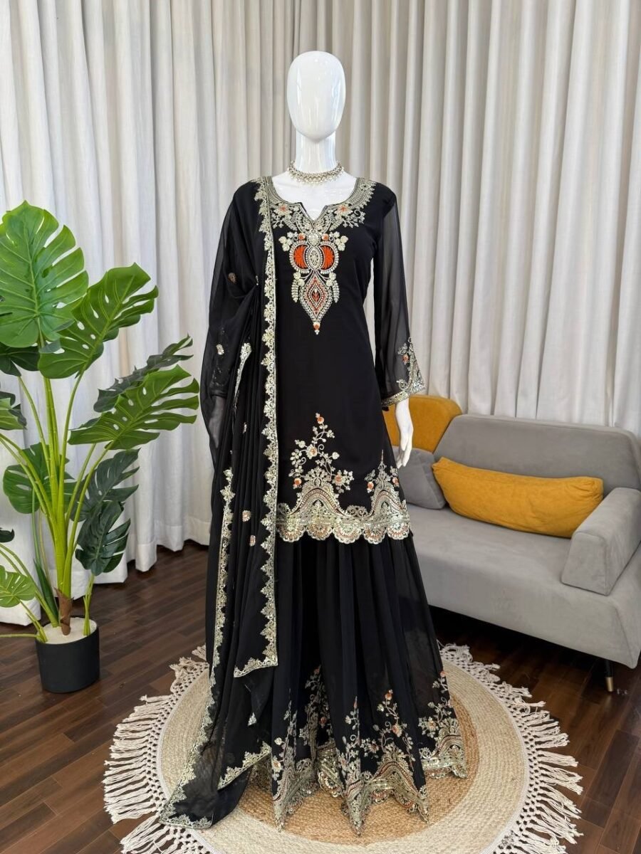 Elegant Black Georgette Sharara Salwar Kameez – 62516-1542-B Elegant Black Georgette Sharara Salwar Kameez – 62516-1542-B