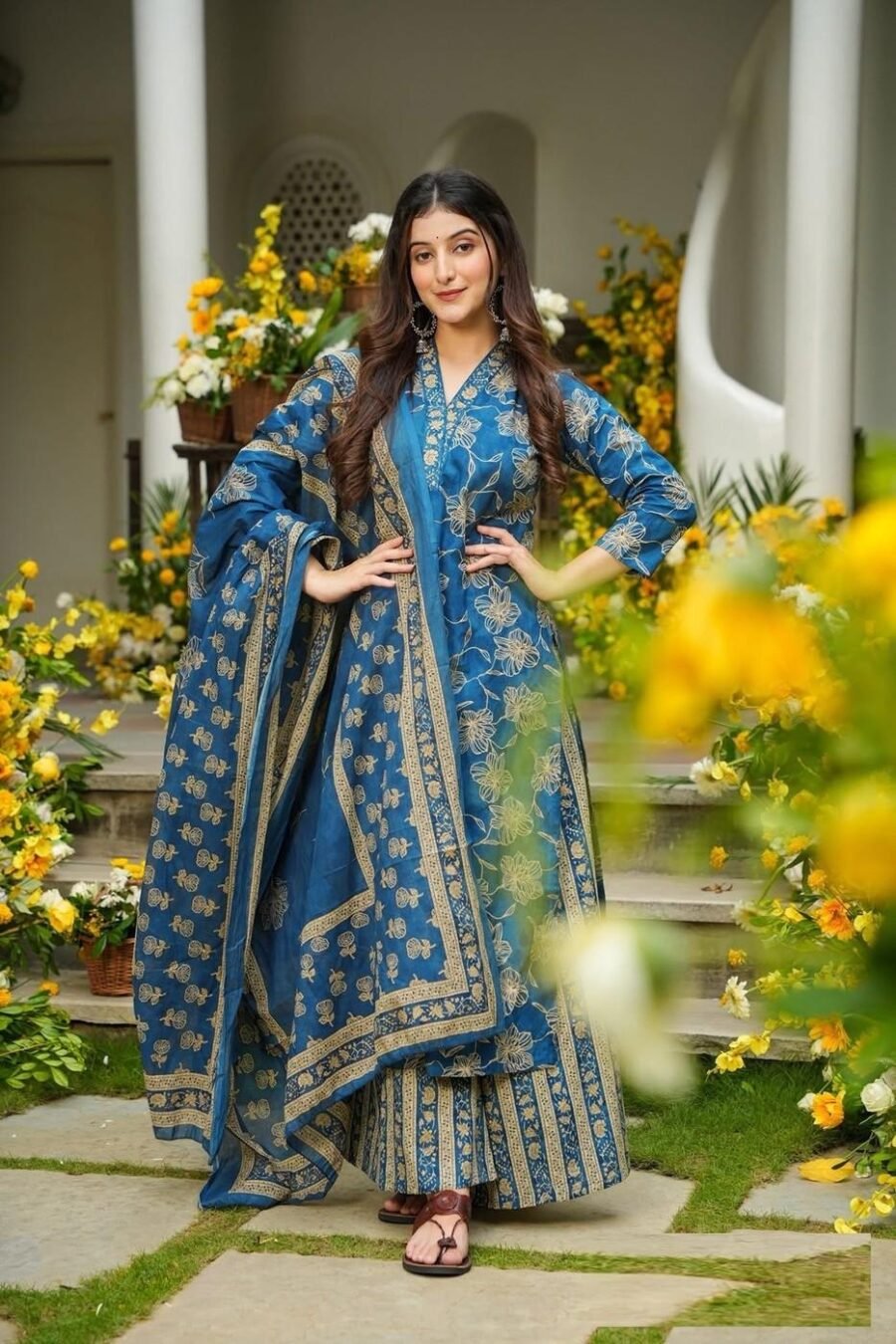 Trendy Blue Muslin Straight Salwar Kameez – 62519-14003