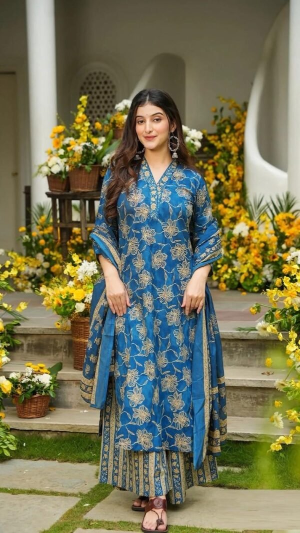Trendy Blue Muslin Straight Salwar Kameez – 62519-14003