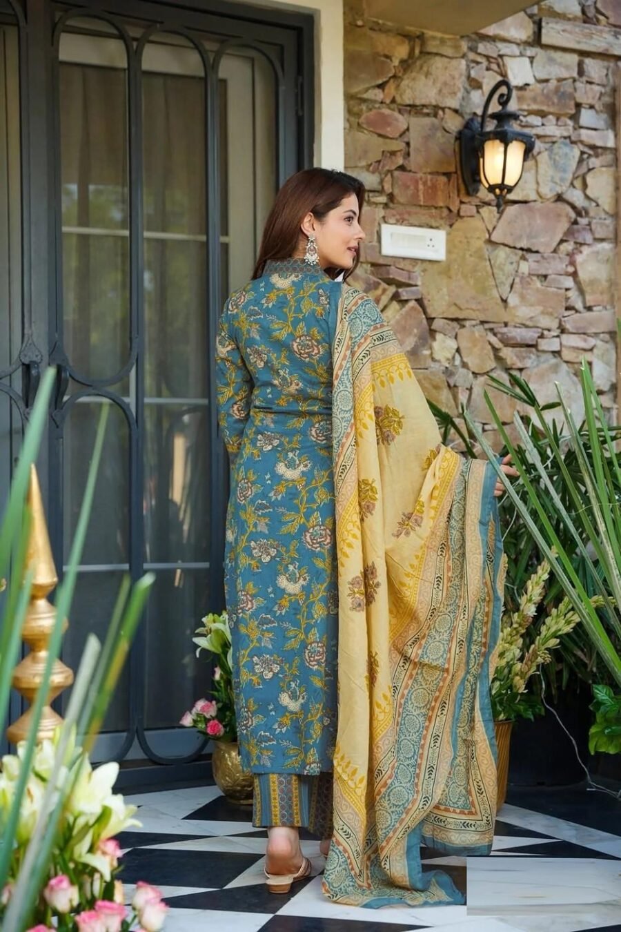 Stunning Teal Blue Muslin Straight Salwar Kameez – 62519-14005