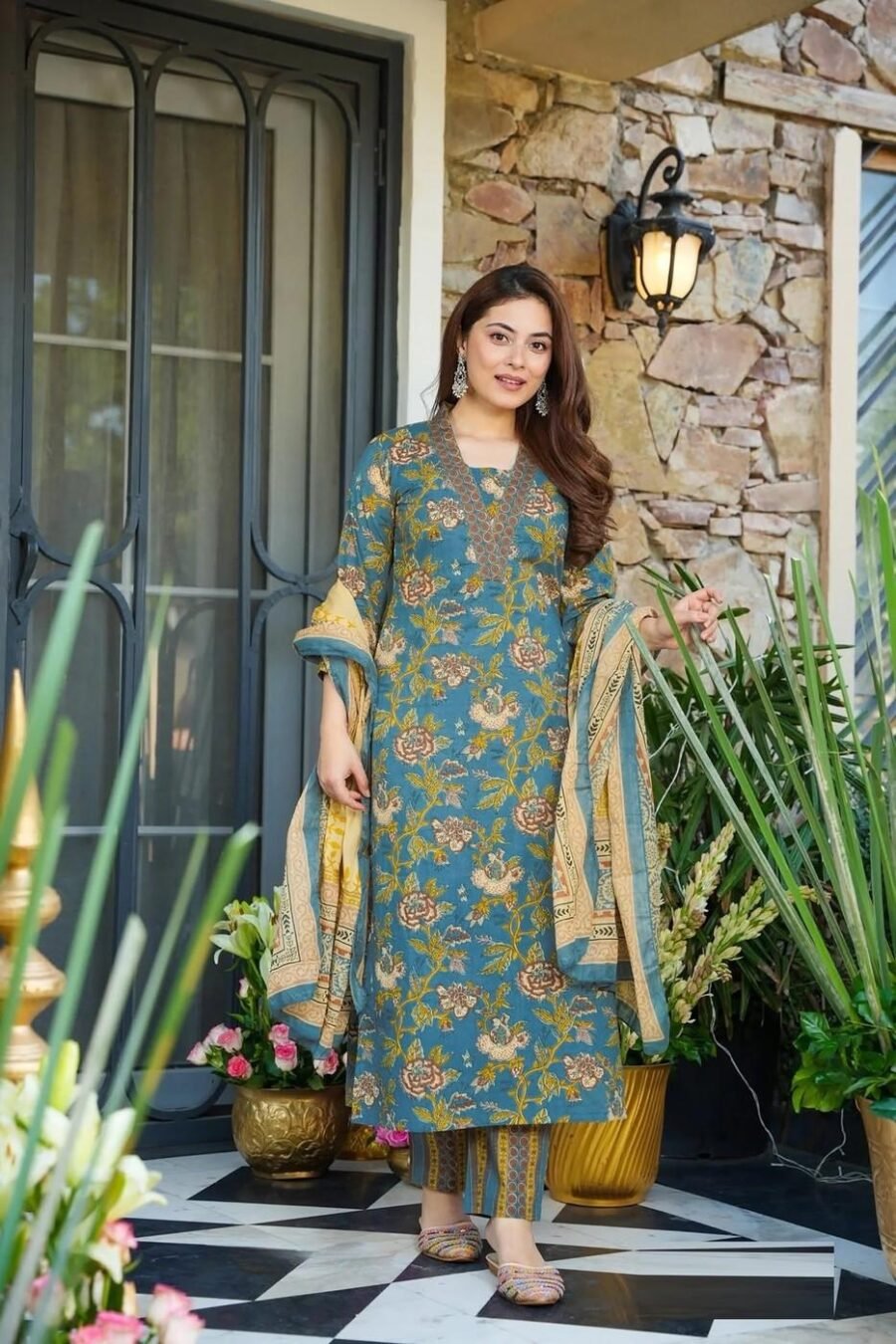 Stunning Teal Blue Muslin Straight Salwar Kameez – 62519-14005
